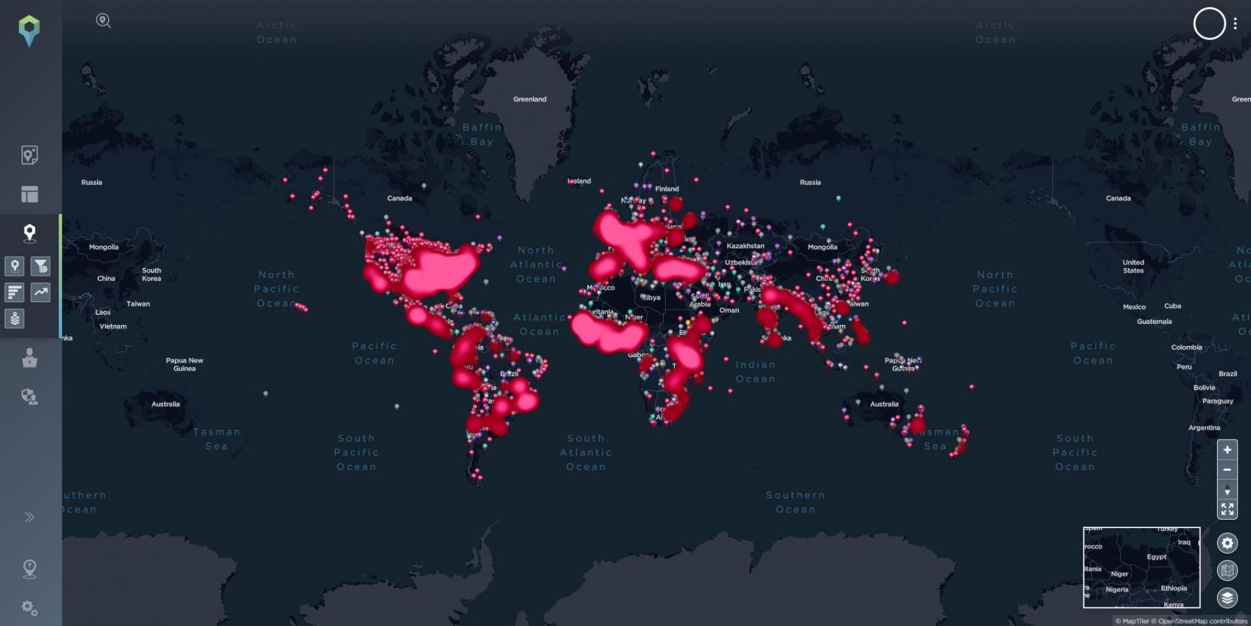 A heatmap showing the concentration of coronavirus-related incidents across the globe